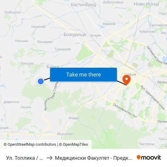 👋 Ул. Топлика / Toplika St. (0870) to Медицински Факултет - Предклиничен Университетски Център map