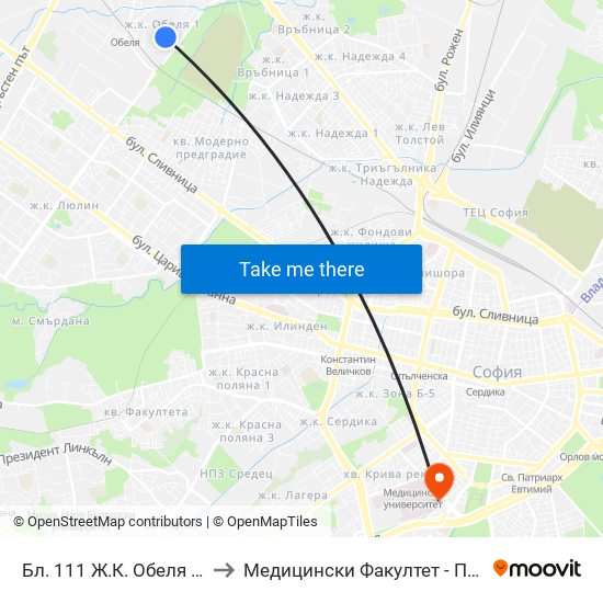 Бл. 111 Ж.К. Обеля 1 / Bl. 111, Obelya 1 Qr. (0133) to Медицински Факултет - Предклиничен Университетски Център map