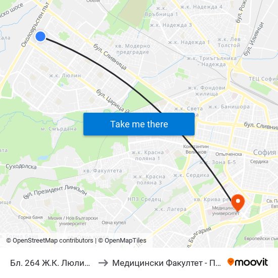 Бл. 264 Ж.К. Люлин 2 / Bl. 264, Lyulin 2 Qr. (0153) to Медицински Факултет - Предклиничен Университетски Център map