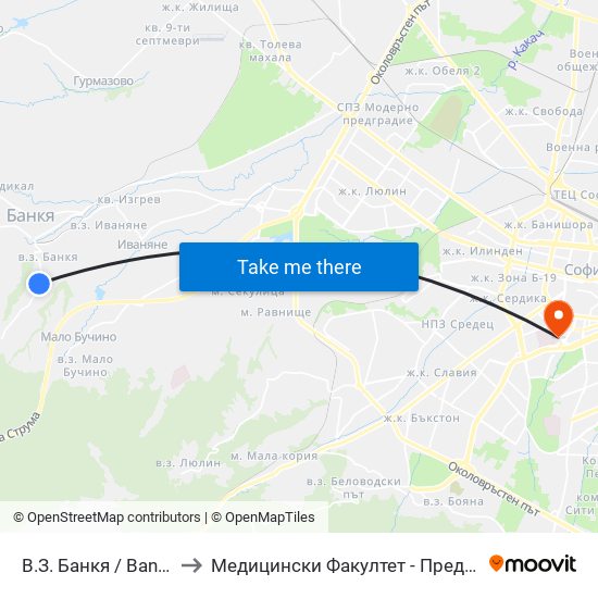 В.З. Банкя / Bankya Villa Zone (0431) to Медицински Факултет - Предклиничен Университетски Център map