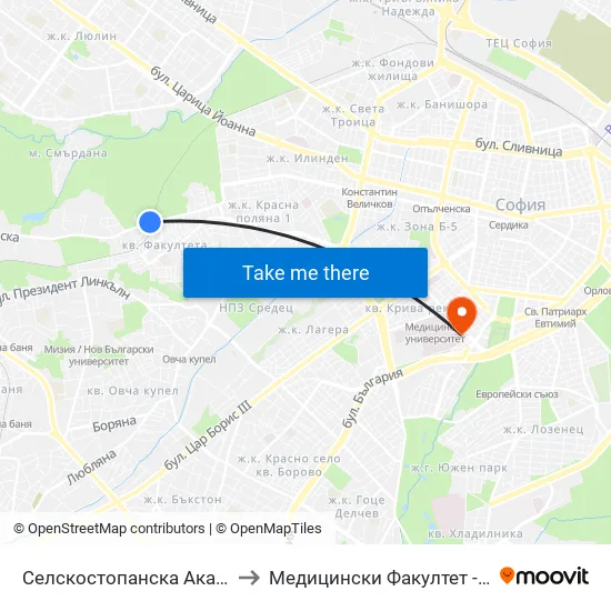 Селскостопанска Академия / Academy Of Agriculture (2289) to Медицински Факултет - Предклиничен Университетски Център map