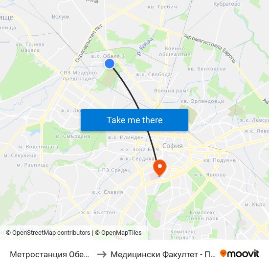 Метростанция Обеля / Obelya Metro Station (6240) to Медицински Факултет - Предклиничен Университетски Център map