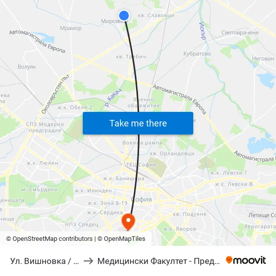👋 Ул. Вишновка / Vishnovka St. (2632) to Медицински Факултет - Предклиничен Университетски Център map