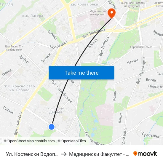 Ул. Костенски Водопад / Kostenski Vodopad St. (6277) to Медицински Факултет - Предклиничен Университетски Център map