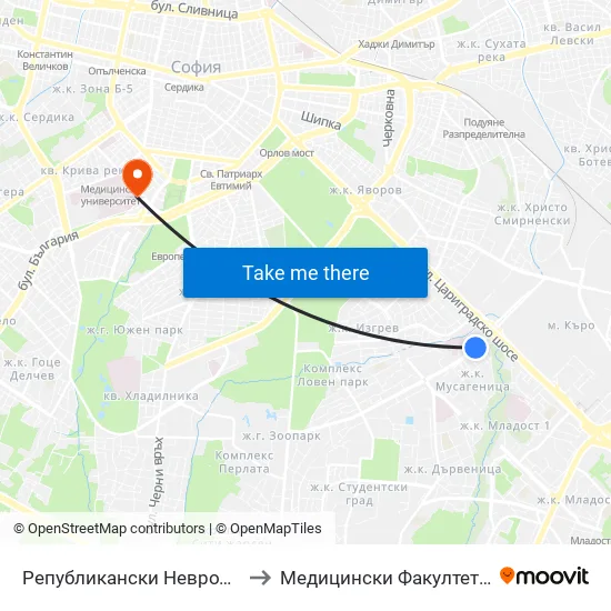 Републикански Невродиспансер / National Neurology Clinic (0492) to Медицински Факултет - Предклиничен Университетски Център map