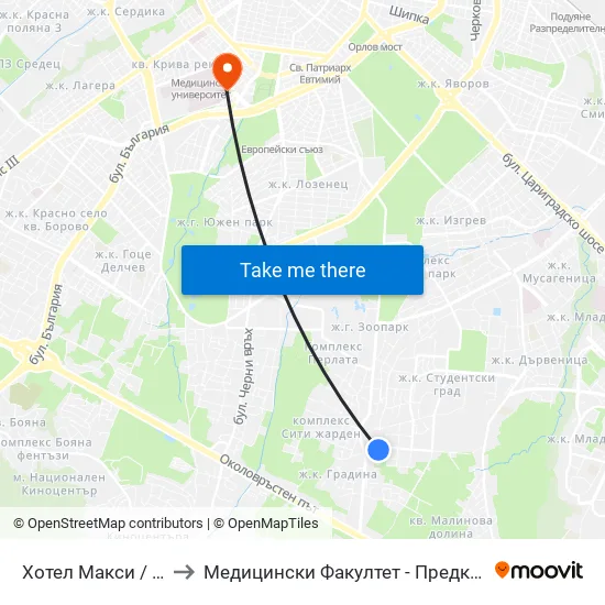 Хотел Макси / Maxi Hotel (2509) to Медицински Факултет - Предклиничен Университетски Център map
