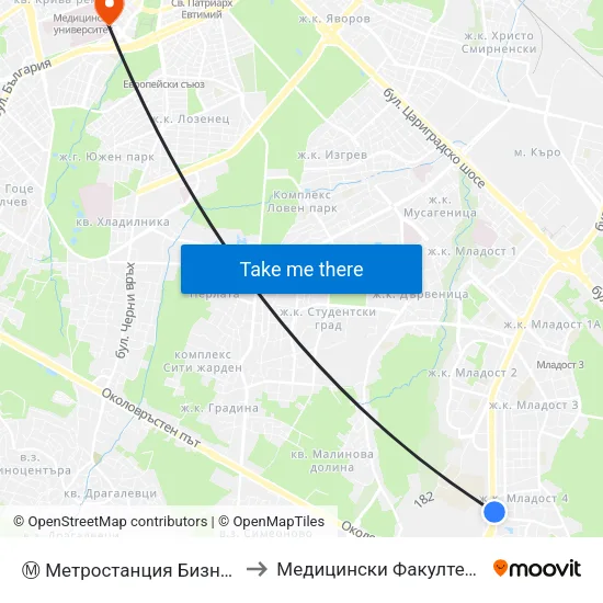 Ⓜ️ Метростанция Бизнес Парк / Business Park Metro Station (2491) to Медицински Факултет - Предклиничен Университетски Център map