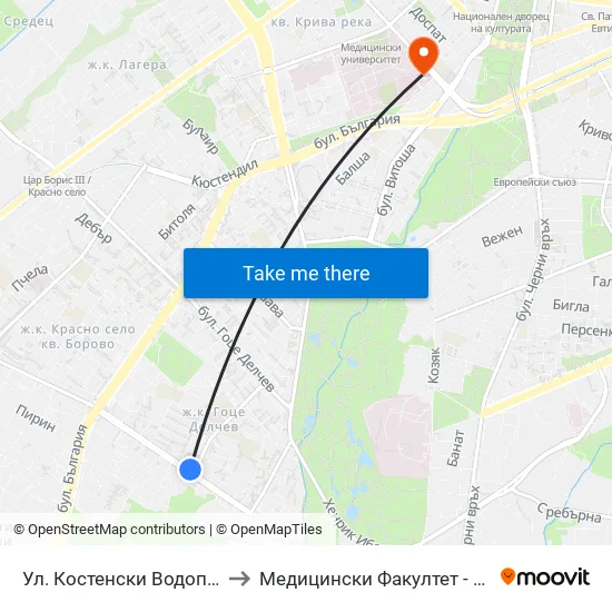 Ул. Костенски Водопад / Kostenski Vodopad St. (6278) to Медицински Факултет - Предклиничен Университетски Център map