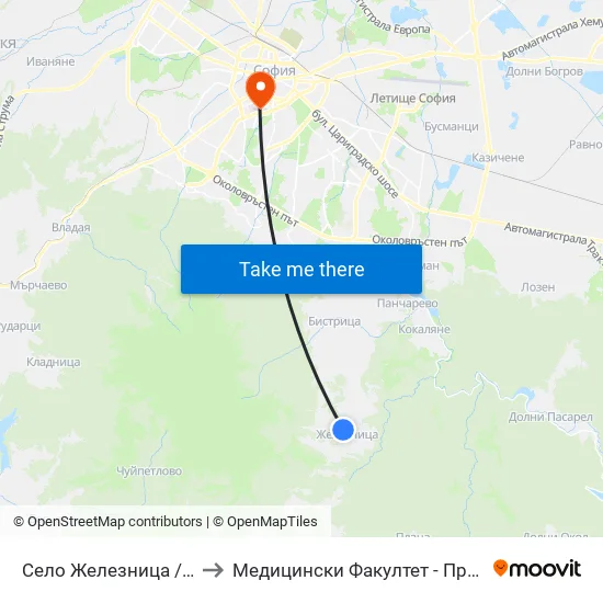 Село Железница / Zheleznitsa Village (1530) to Медицински Факултет - Предклиничен Университетски Център map