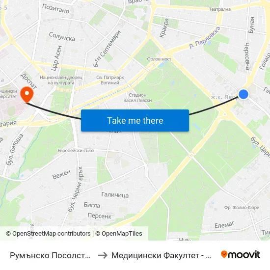 Румънско Посолство / Embassy Of Romania (1490) to Медицински Факултет - Предклиничен Университетски Център map