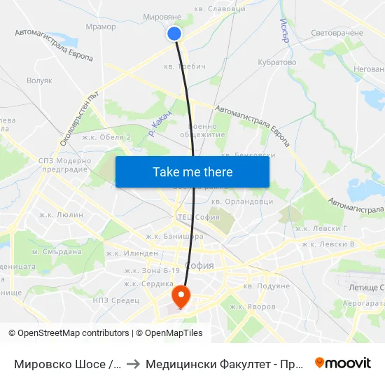 👋 Мировско Шосе / Mirovsko Shosse (2629) to Медицински Факултет - Предклиничен Университетски Център map