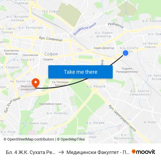 Бл. 4 Ж.К. Сухата Река / Bl. 4, Suhata Reka Qr. (0411) to Медицински Факултет - Предклиничен Университетски Център map