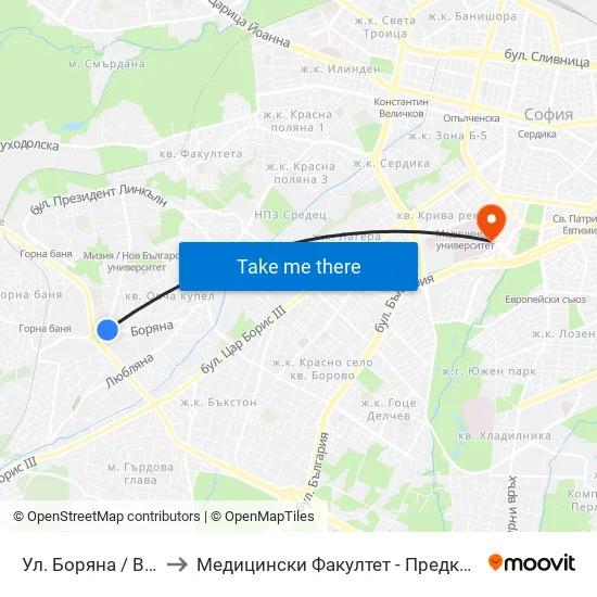 Ул. Боряна / Boryana St. (1845) to Медицински Факултет - Предклиничен Университетски Център map