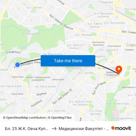 Бл. 25 Ж.К. Овча Купел 1 / Bl. 25, Ovcha Kupel 1 Qr. (0174) to Медицински Факултет - Предклиничен Университетски Център map