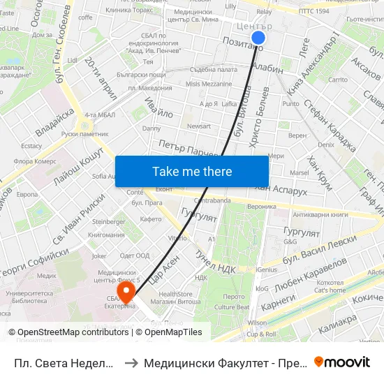 Пл. Света Неделя / St. Nedelya Sq. (1307) to Медицински Факултет - Предклиничен Университетски Център map