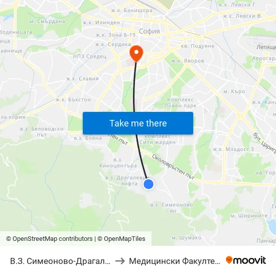 В.З. Симеоново-Драгалевци / Simeonovo-Dragalevtsi Villa Zone (0782) to Медицински Факултет - Предклиничен Университетски Център map