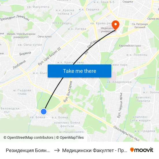 👋 Резиденция Бояна / Boyana Residence (1439) to Медицински Факултет - Предклиничен Университетски Център map