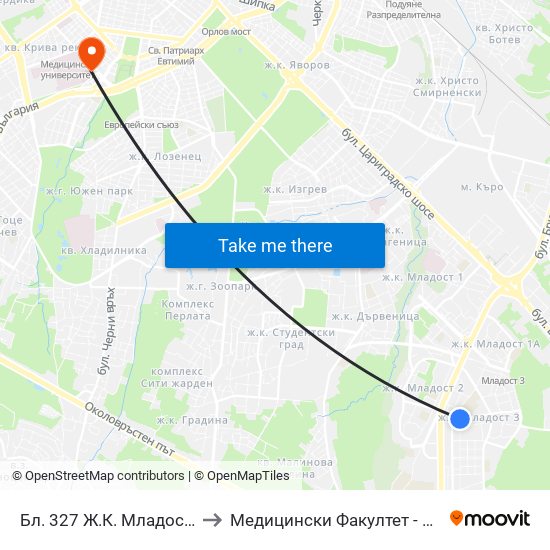 Бл. 327 Ж.К. Младост 3 / Bl. 327, Mladost 3 Qr. (0194) to Медицински Факултет - Предклиничен Университетски Център map