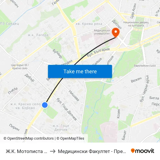Ж.К. Мотописта / Motopista Qr. (0671) to Медицински Факултет - Предклиничен Университетски Център map