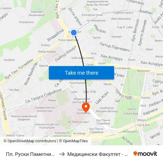 Пл. Руски Паметник / Russian Monument Sq. (1298) to Медицински Факултет - Предклиничен Университетски Център map