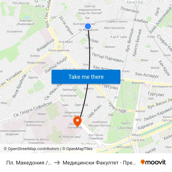 Пл. Македония / Macedonia Sq. (1280) to Медицински Факултет - Предклиничен Университетски Център map