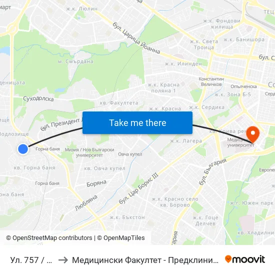 Ул. 757 / 757-Th St. to Медицински Факултет - Предклиничен Университетски Център map