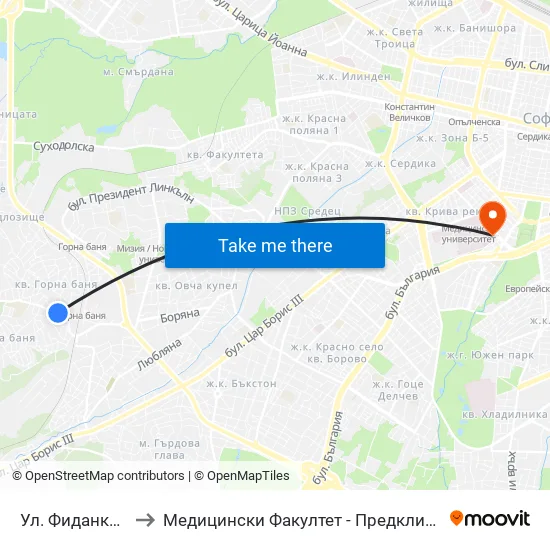 Ул. Фиданка / Fidanka St. to Медицински Факултет - Предклиничен Университетски Център map