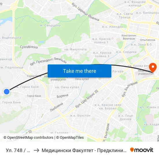 Ул. 748 / 748-Th St. to Медицински Факултет - Предклиничен Университетски Център map