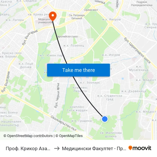 Проф. Крикор Азарян / Prof. Krikor Azaryan St. to Медицински Факултет - Предклиничен Университетски Център map