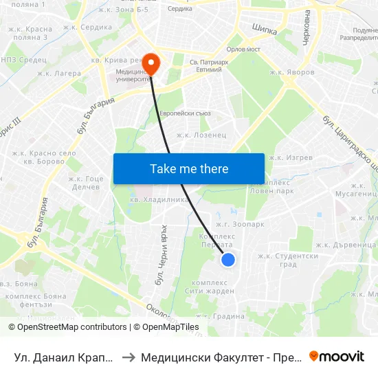 Ул. Данаил Крапчев / Danail Krapchev St. to Медицински Факултет - Предклиничен Университетски Център map