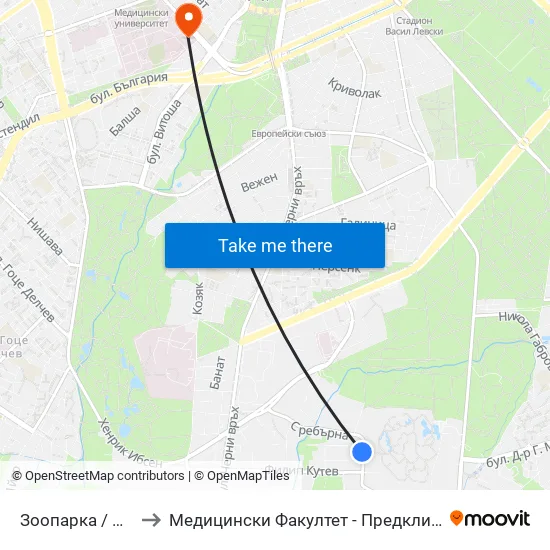 🐘 Зоопарка / City Zoo (2781) to Медицински Факултет - Предклиничен Университетски Център map
