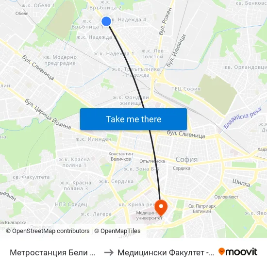 Ⓜ️ Метростанция Бели Дунав / Beli Dunav Metro Station (6708) to Медицински Факултет - Предклиничен Университетски Център map
