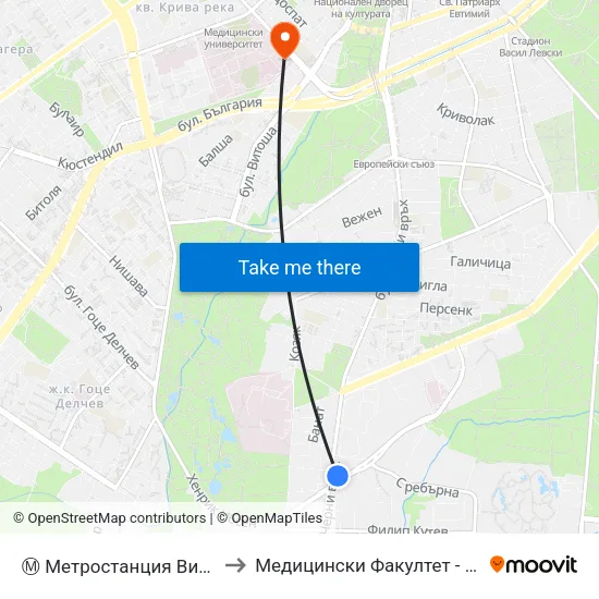Ⓜ️ Метростанция Витоша / Vitosha Metro Station (0911) to Медицински Факултет - Предклиничен Университетски Център map