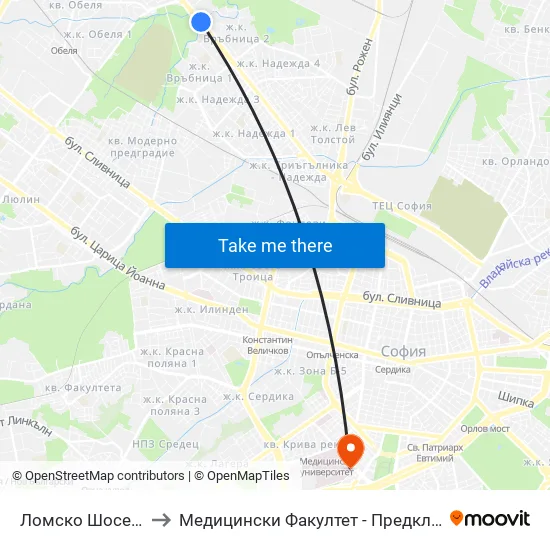 Ломско Шосе / Lomsko Shose to Медицински Факултет - Предклиничен Университетски Център map