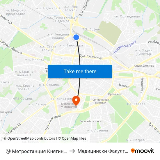 Ⓜ️ Метростанция Княгиня Мария Луиза / Kn. Maria Luisa Metro Station (6430) to Медицински Факултет - Предклиничен Университетски Център map