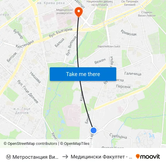 Ⓜ️ Метростанция Витоша / Vitosha Metro Station (0910) to Медицински Факултет - Предклиничен Университетски Център map