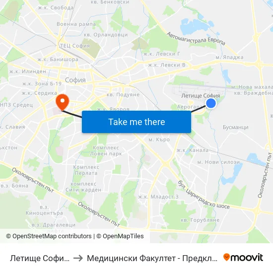✈️ Летище София / Sofia Airport to Медицински Факултет - Предклиничен Университетски Център map
