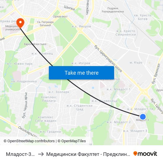 Младост-3 / Mladost 3 to Медицински Факултет - Предклиничен Университетски Център map