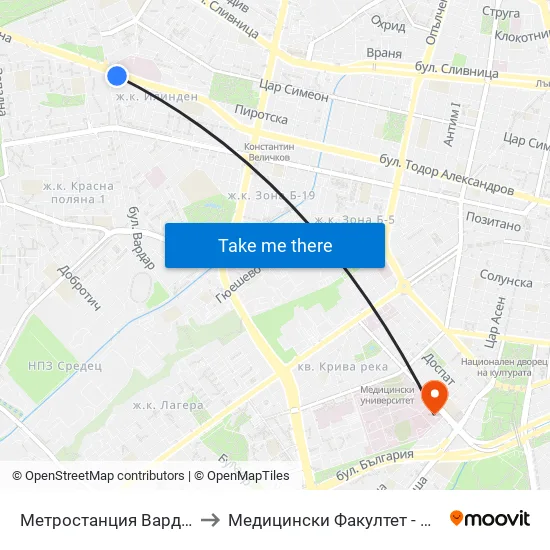 Ⓜ️ Метростанция Вардар / Vardar Metro Station (6453) to Медицински Факултет - Предклиничен Университетски Център map