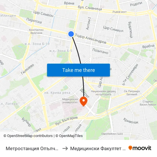 Ⓜ️ Метростанция Опълченска / Opalchenska Metro Station (6407) to Медицински Факултет - Предклиничен Университетски Център map