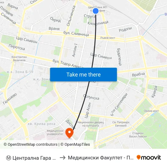 Ⓜ️ Централна Гара / Central Railway Station (1333) to Медицински Факултет - Предклиничен Университетски Център map