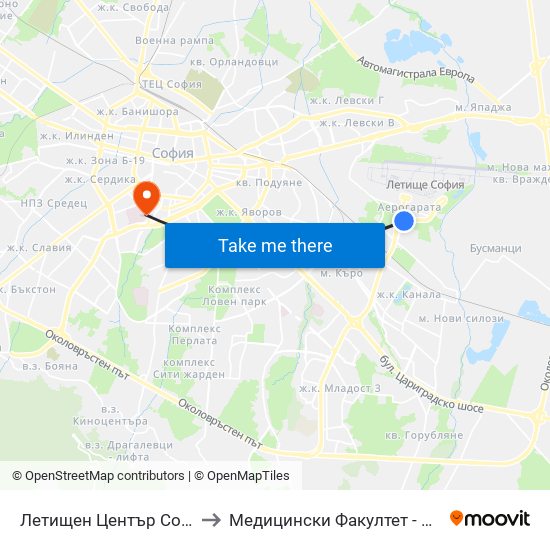 Летищен Център София / Sofia Airport Center (2797) to Медицински Факултет - Предклиничен Университетски Център map