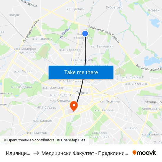 Илиянци / Iliyantsi to Медицински Факултет - Предклиничен Университетски Център map