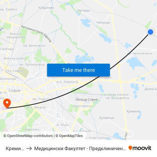 Кремиковци to Медицински Факултет - Предклиничен Университетски Център map