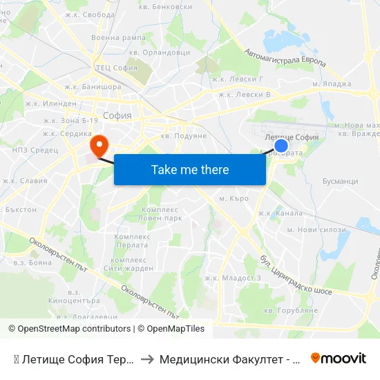 ✈️ Летище София Терминал 1 / Sofia Airport Terminal 1 to Медицински Факултет - Предклиничен Университетски Център map