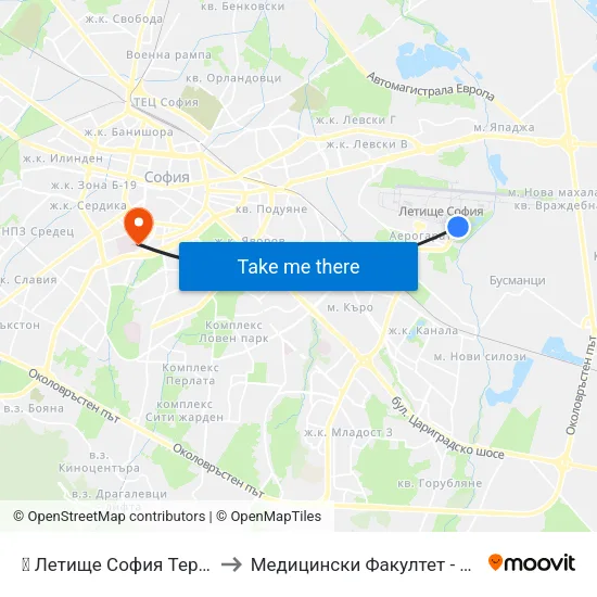 ✈️ Летище София Терминал 2 / Sofia Airport Terminal 2 to Медицински Факултет - Предклиничен Университетски Център map