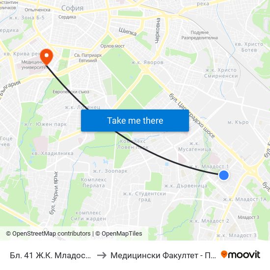 Бл. 41 Ж.К. Младост 1 / Bl. 41, Mladost 1 Qr. (0210) to Медицински Факултет - Предклиничен Университетски Център map