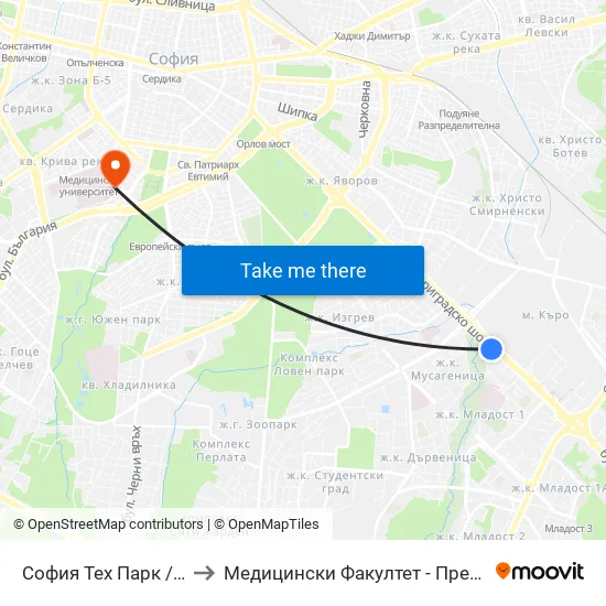 София Тех Парк / Sofia Tech Park (0579) to Медицински Факултет - Предклиничен Университетски Център map