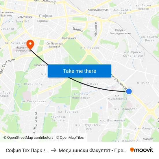 София Тех Парк / Sofia Tech Park (0576) to Медицински Факултет - Предклиничен Университетски Център map