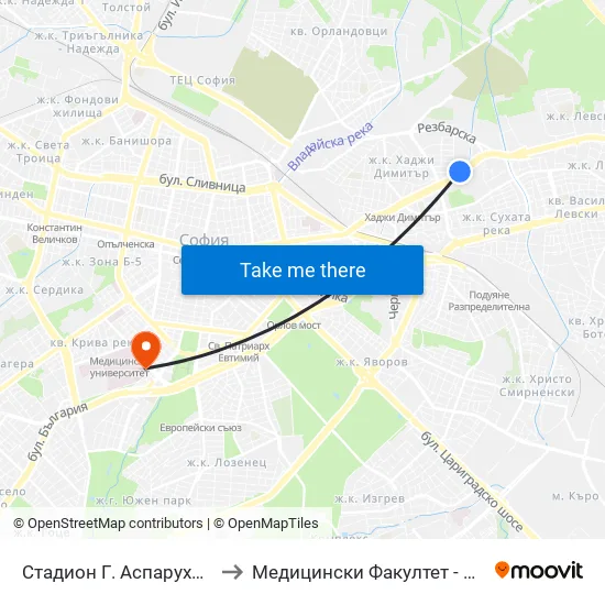 Стадион Г. Аспарухов / G. Asparuhov Stadium (1613) to Медицински Факултет - Предклиничен Университетски Център map